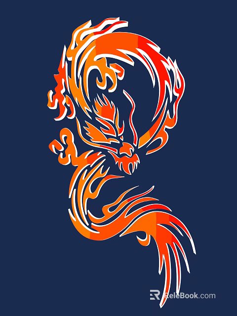Dragon Themed Wall Decor With Orange Red Flame And Cloud Patterns On Dark Blue Background 3d model