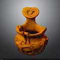Traditional Orange Ceramic Pottery With Spiral Top And Intricate Carved Patterns