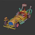 Steampunk Inspired Custom Car With Yellow Red Body And Mechanical Roof Details