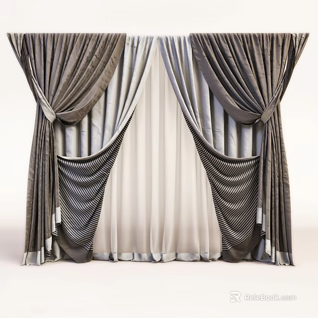 Elegant Gray and White Double Layer Curtains with Pleated Design for Modern Interiors 3d model