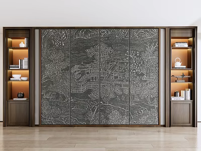 Intricate Carved Wall With Wooden Side Shelves And Decorative Items 3d model