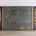 Intricate Carved Wall With Wooden Side Shelves And Decorative Items