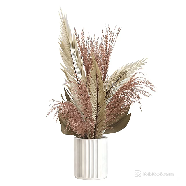 White Striped Ceramic Vase With Brown Green Feathery Decorative Plants Arrangement 3d model 