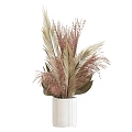 White Striped Ceramic Vase With Brown Green Feathery Decorative Plants Arrangement
