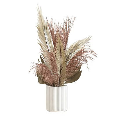White Striped Ceramic Vase With Brown Green Feathery Decorative Plants Arrangement 3d model