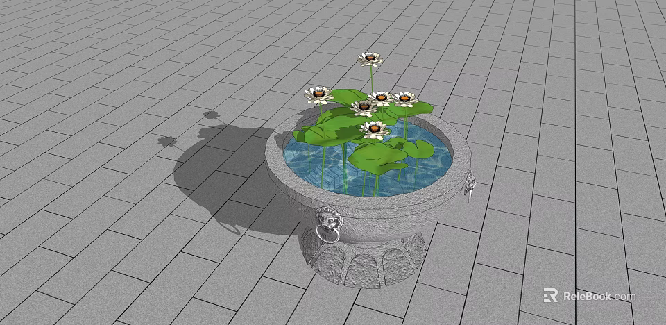 Stone Fish Tank With Clear Water Lotus Leaves And White Flowers On Gray Tile Floor 3d model 