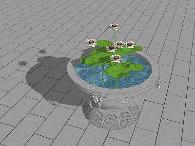 Stone Fish Tank With Clear Water Lotus Leaves And White Flowers On Gray Tile Floor 3d model
