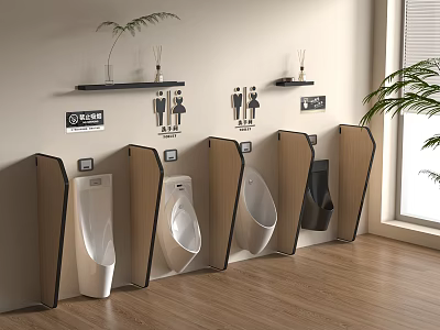 Modern Public Restroom Row of Urinals with Wooden Dividers Wall Shelves and Decorative Plants 3d model