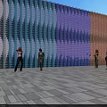 Modern Colorful Feature Wall With Blue Brown Wavy Panels And People Standing