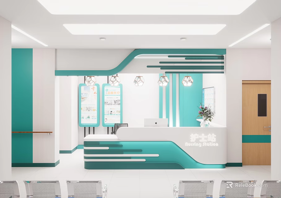 Modern Hospital Information Desk With Teal And White Design Reception Counter And Waiting Chairs 3d model 