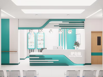 Modern Hospital Information Desk With Teal And White Design Reception Counter And Waiting Chairs 3d model