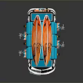 Colorful Orange And Blue Food Truck Model With Surfboard On Top And Detailed Design