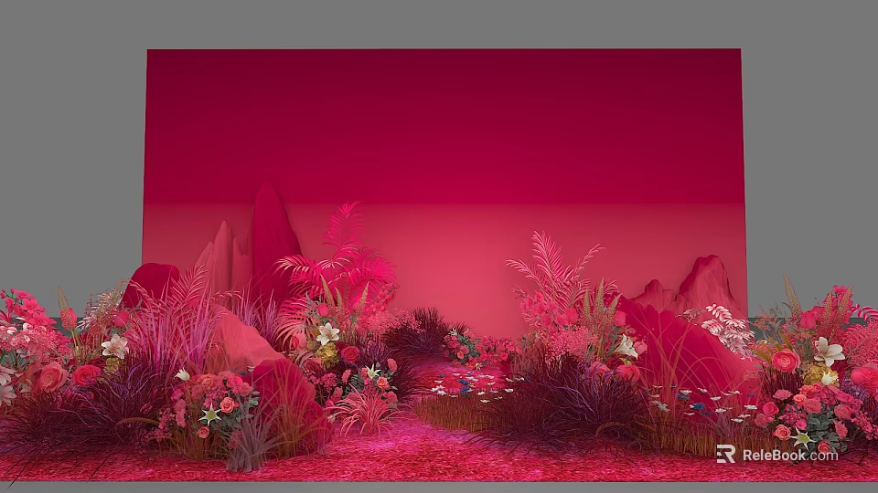 Floral Art Installation With Red Background Pink Flowers Plants And Rock Decorations 3d model 