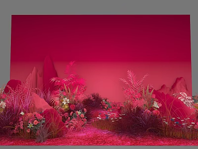 Floral Art Installation With Red Background Pink Flowers Plants And Rock Decorations 3d model