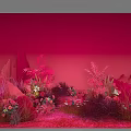 Floral Art Installation With Red Background Pink Flowers Plants And Rock Decorations