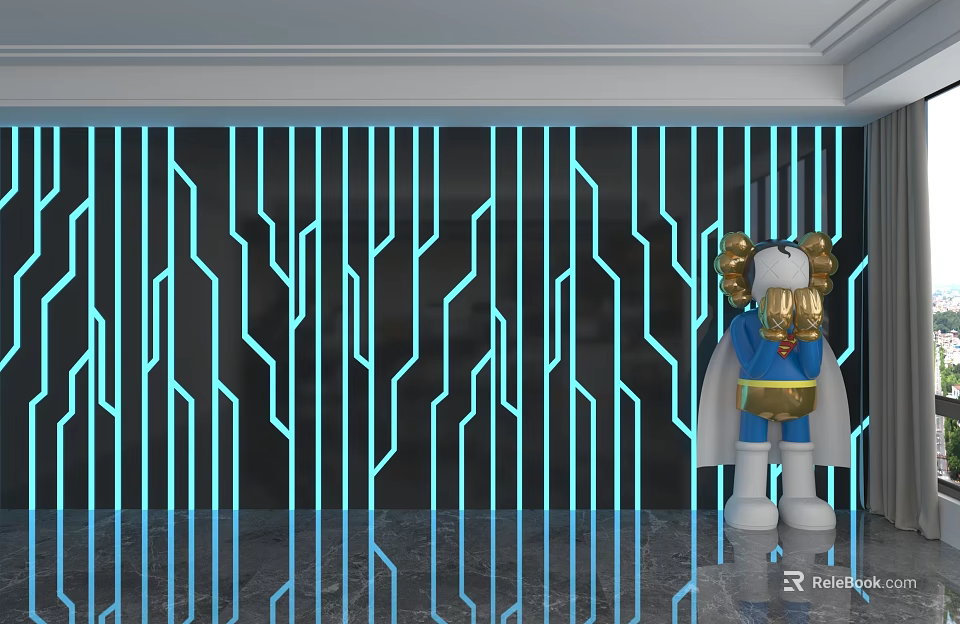 Modern Background Wall With Blue Illuminated Geometric Lines Reflective Floor And Cartoon Sculpture 3d model 