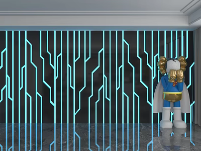 Modern Background Wall With Blue Illuminated Geometric Lines Reflective Floor And Cartoon Sculpture 3d model