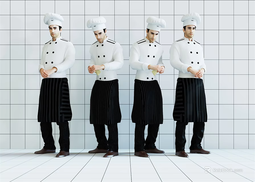 Male Chefs in White Uniforms and Hats Standing with Clasped Hands Against Grid Wall 3d model 