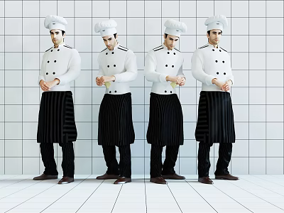 Male Chefs in White Uniforms and Hats Standing with Clasped Hands Against Grid Wall 3d model