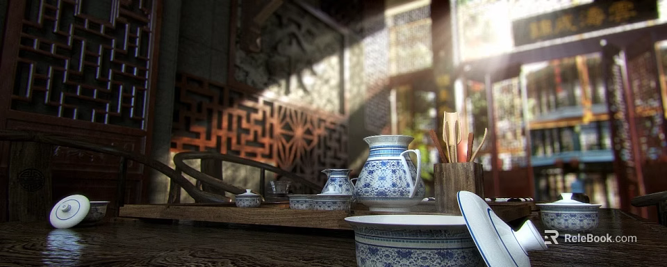 Traditional Chinese Blue and White Porcelain Tea Set with Teapot Teacups on Wooden Tray 3d model 