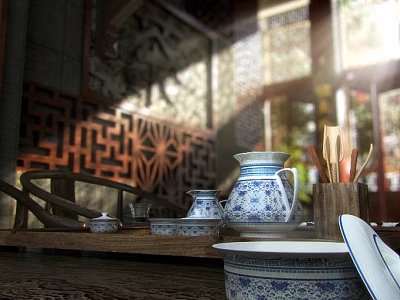 Traditional Chinese Blue and White Porcelain Tea Set with Teapot Teacups on Wooden Tray 3d model