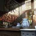 Traditional Chinese Blue and White Porcelain Tea Set with Teapot Teacups on Wooden Tray