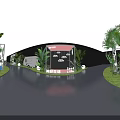 Modern Outdoor Exhibition Space With Design Tech Plants Bench Circular Decor And Greenery