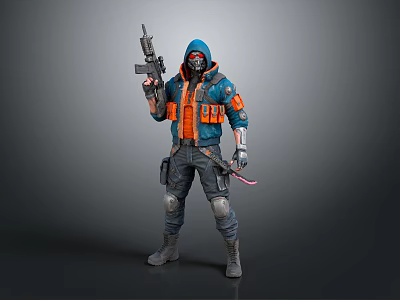 Futuristic Hooded Character In Blue Orange Tactical Outfit Holding Rifle And Combat Knife 3d model