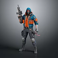 Futuristic Hooded Character In Blue Orange Tactical Outfit Holding Rifle And Combat Knife
