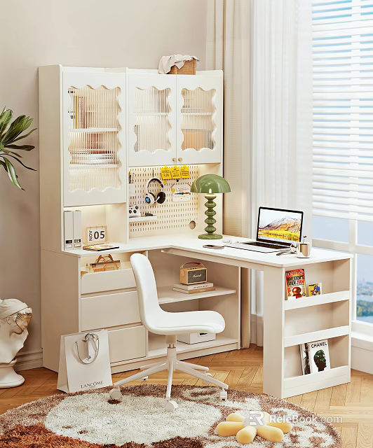 Modern White Desk Interior With Green Table Lamp White Chair Laptop And Storage Shelves 3d model 