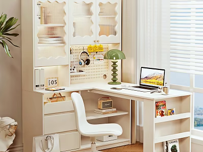 Modern White Desk Interior With Green Table Lamp White Chair Laptop And Storage Shelves 3d model