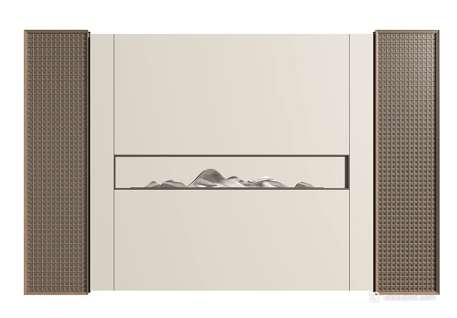 Minimalist Style Sofa Background Wall With Grid Panels And Mountain Decoration 3d model