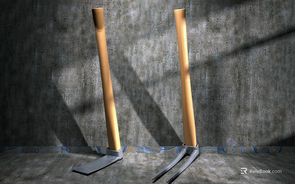 Two Garden Tools With Wooden Handles And Metal Heads Against Gray Wall 3d model 