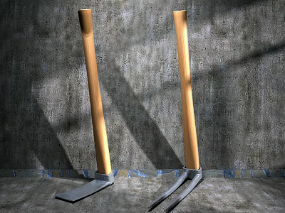 Two Garden Tools With Wooden Handles And Metal Heads Against Gray Wall 3d model