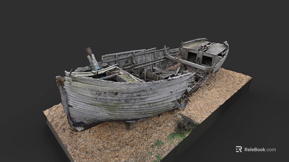 Dilapidated Wooden Boat With Weathered Planks And Broken Frame On Gravel 3d model 