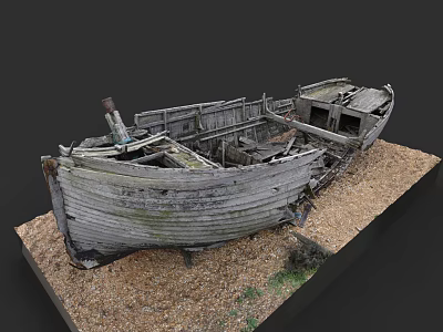 Dilapidated Wooden Boat With Weathered Planks And Broken Frame On Gravel 3d model