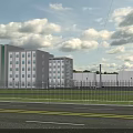Modern Multistory Industrial Factory Building With Gray Exterior Large Windows Green Lawn And Clear Sky