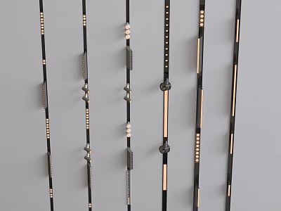 Neatly Arranged Black Long Strip Downlights And Spotlights With Gold Silver Accents On Gray Background 3d model