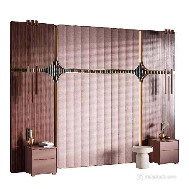 Elegant Modern Bedroom Accent Wall With Vertical Wooden Panels Golden Metal Lines And Nightstands 3d model 