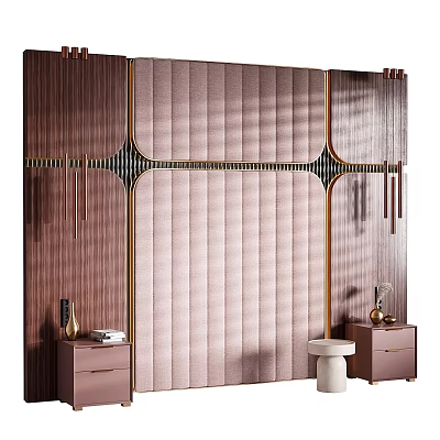 Elegant Modern Bedroom Accent Wall With Vertical Wooden Panels Golden Metal Lines And Nightstands 3d model