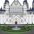 European Style Architecture Grand Castle With Spires Central Dome And Manicured Gardens
