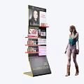 Red Luxury Cosmetics Display Shelf With Product Showcases And Woman Looking At Items