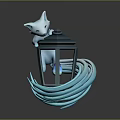 White Fox Character Resting On Dark Blue Lantern With Blue Flame And Wavy Tail