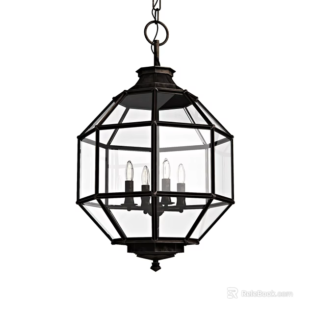 Vintage Octagonal Glass Shade Chandelier With Black Metal Frame And Candle Bulbs 3d model 