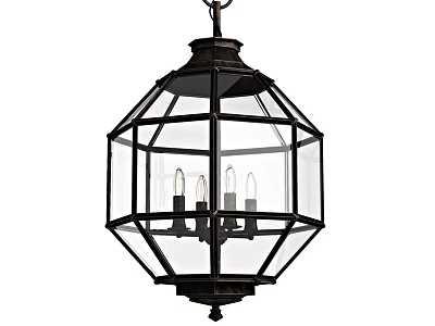 Vintage Octagonal Glass Shade Chandelier With Black Metal Frame And Candle Bulbs 3d model