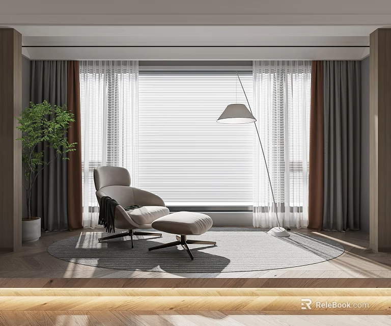 Gray Curtains With White Blinds By Window Beige Chair Floor Lamp And Green Plant 3d model 