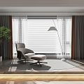Gray Curtains With White Blinds By Window Beige Chair Floor Lamp And Green Plant