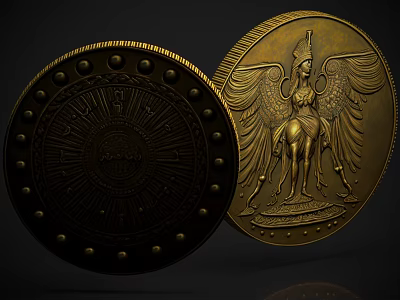 Decorative Gold Coins With Radiant Pattern Dots And Winged Goddess Design 3d model