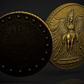 Decorative Gold Coins With Radiant Pattern Dots And Winged Goddess Design 3d model