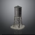 Tall Metal Water Tower With Ladder And Support Legs On Reflective Base
